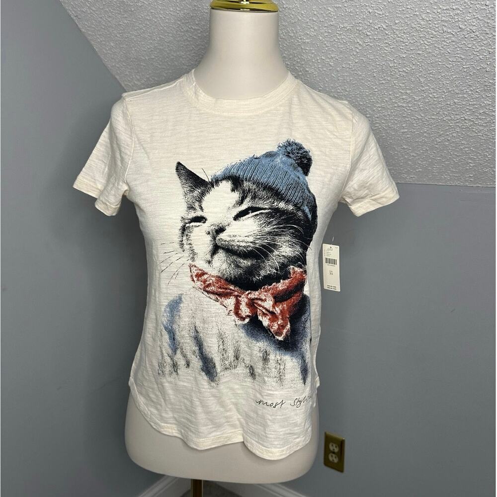 NWT Pilcro x Anthropologie Bennie Short-Sleeve Cat Scarf Toboggan Icon Tee Sz XS - Picture 2 of 7